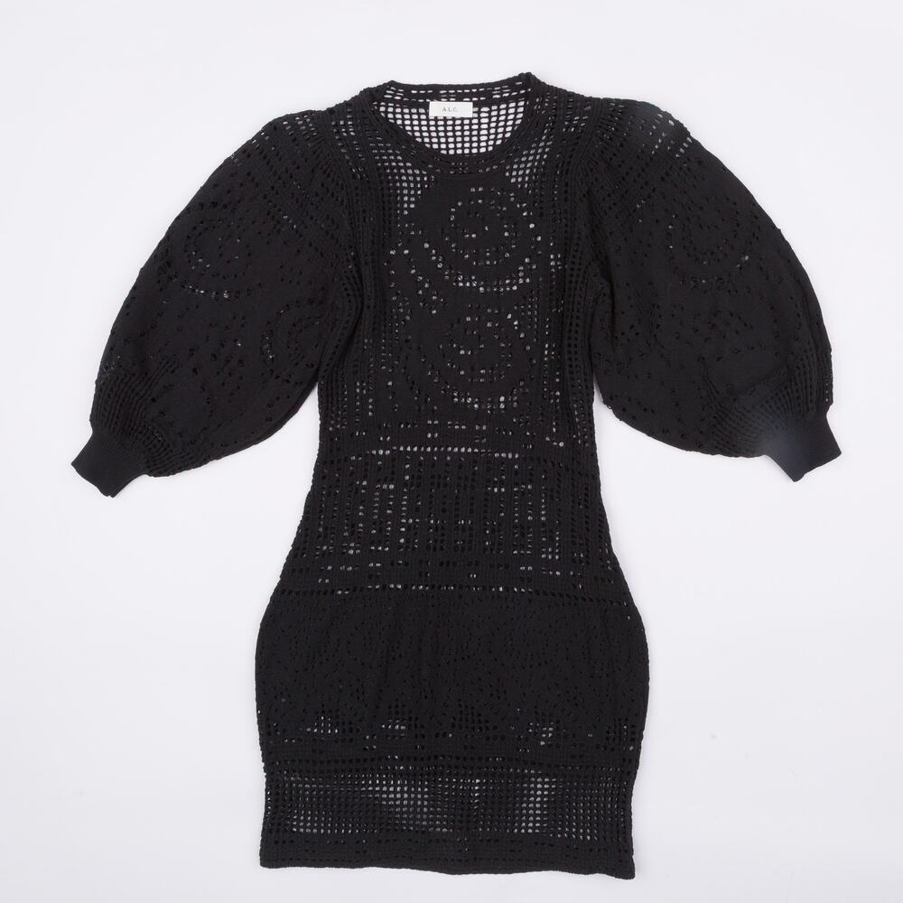 A.L.C. Black Open Knit Mini Dress Puff Sleeve Pointelle Fits approx. XS